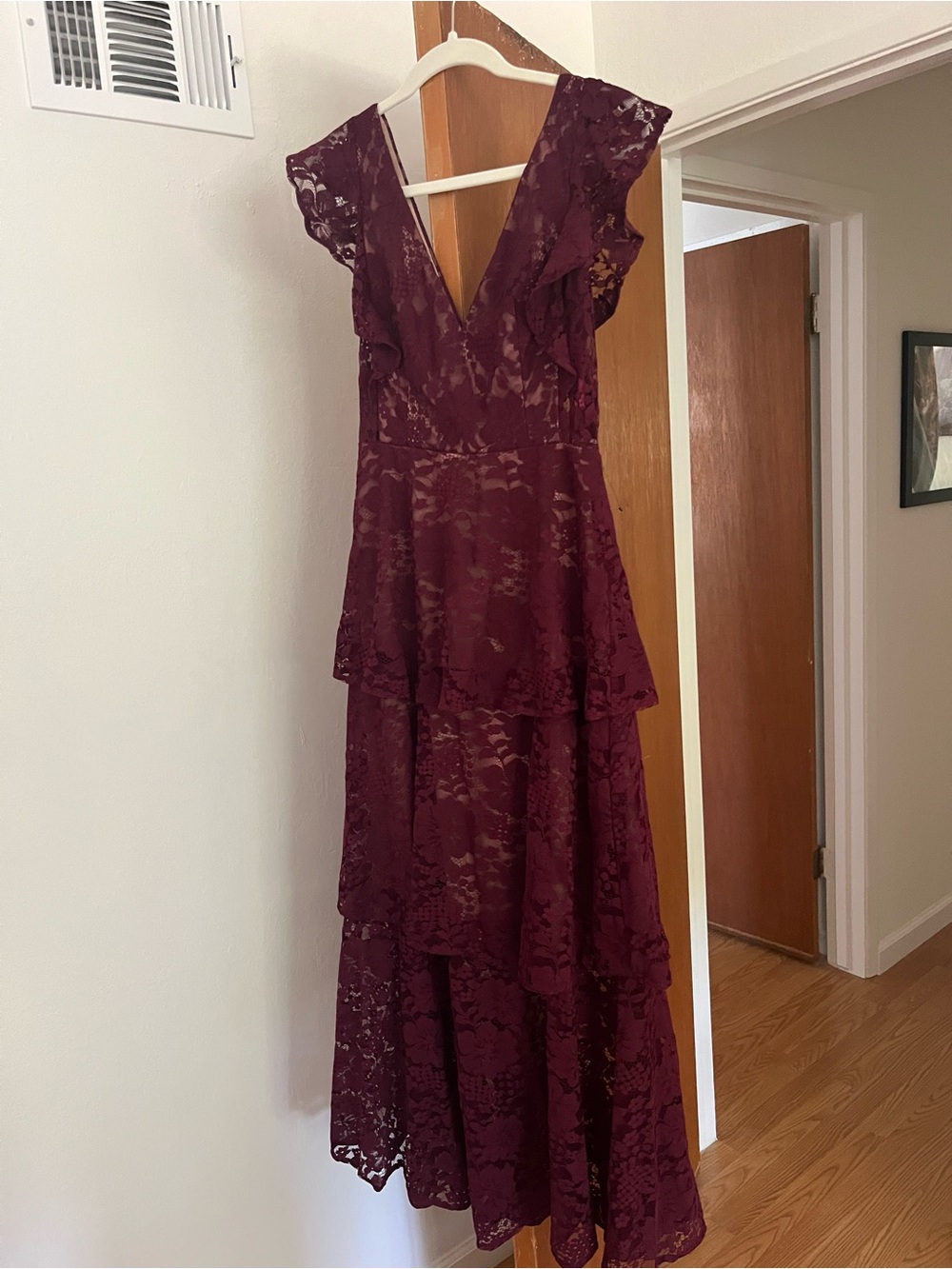 NWT Baltic Born Burgundy Lace Tiered Maxi Dress